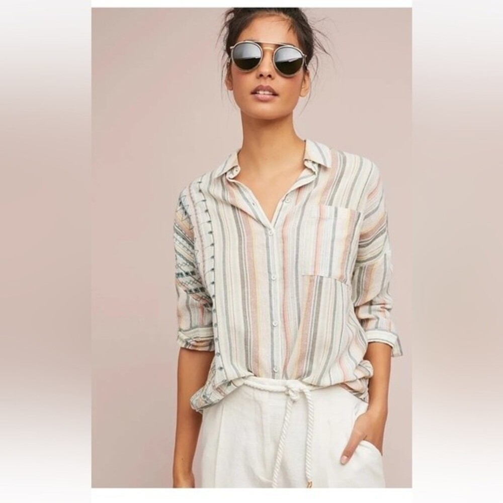 Anthropologie Akemi + Kin Yarn-Dyed Shirt Button Down Embroidered Size XS/S